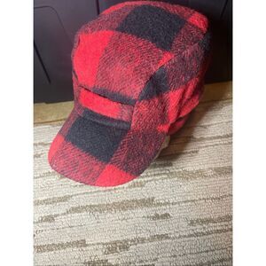 Vintage wool Red Buffalo Check Plaid Hat w/ Ear Flaps